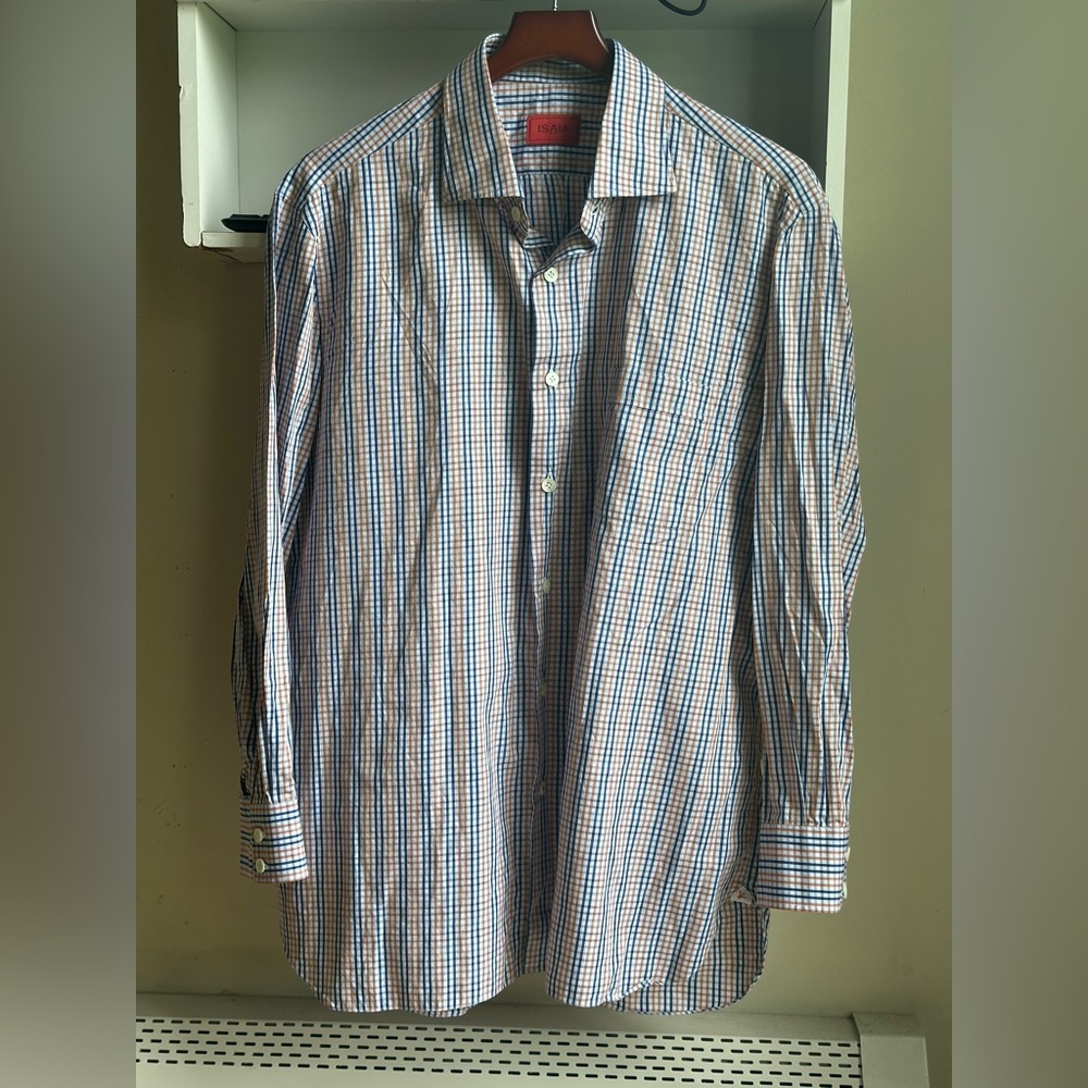 Isaia Napoli Multicolor Blue White Orange Check Men’s Dress Shirt Size 17.5-44